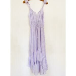 Kiwi Punch Maxi Dress L Purple White Asymmetrical Beach Smocked Ruffle Cottage